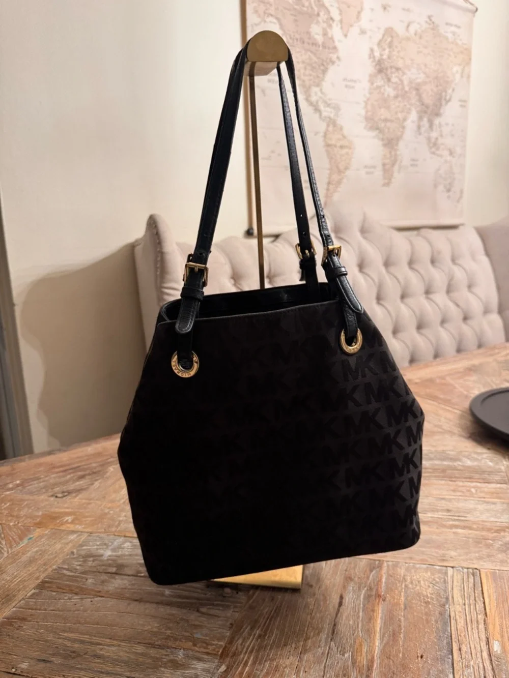 Michael Kors Black Logo-Print Shoulder Bag with Gold Hardware